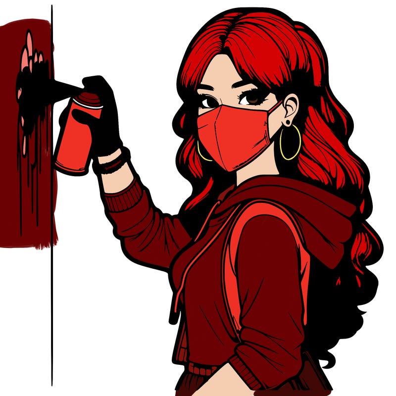 realistic girl with mask spray painting a wall