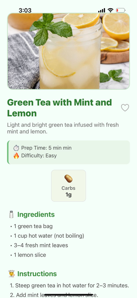 Anti Inflammatory Diet. App - Anti inflammatory recipe for green tea with mint and lemon