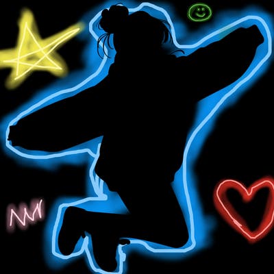 realistic girl jumping with a bun and oversized sweatshirt