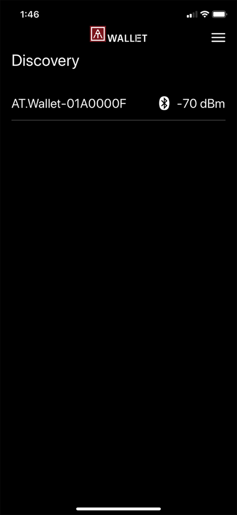 AT.Wallet - Tela de descoberta do aplicativo AT.Wallet mostrando um dispositivo de carteira de hardware detectado via conexão Bluetooth.