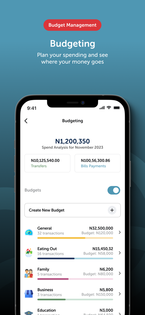 Sterling OneBank mobile app budgeting screen showing spend analysis and expense categories in Naira
