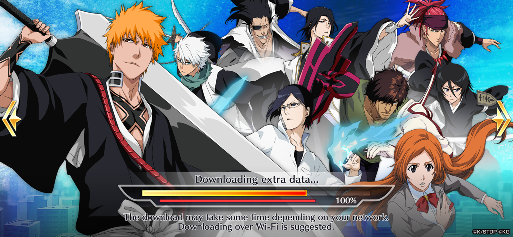 Bleach: Brave Souls Anime Game - Bleach Brave Souls loading screen featuring a cast of main anime characters like Ichigo and Rukia with a download progress bar