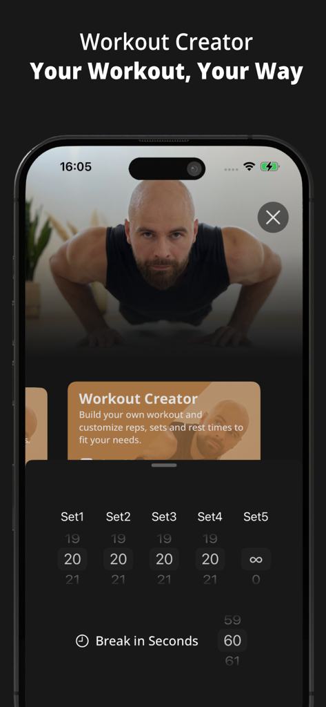 Workout Creator interface in the GOLDEN Push Up app for customizing exercise sets and reps