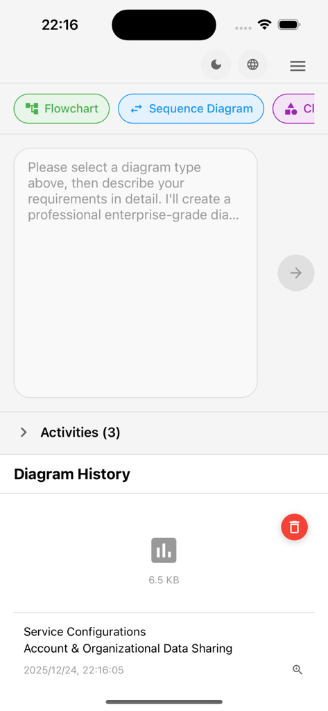 GG AI Diagram - GG AI Diagram mobile app interface showing the natural language prompt input and diagram history