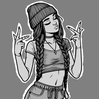 realistic teenage girl with braids and a beanie and crop top doing 🫶🏼