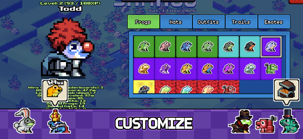 Una pantalla de personalización de pixel art en Samago que muestra diferentes skins y accesorios de rana, incluidos sombreros y atuendos.