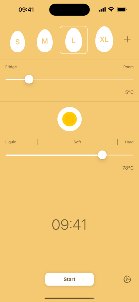 Egg Timer Plus mobile app interface with options for egg size and cooking temperature.