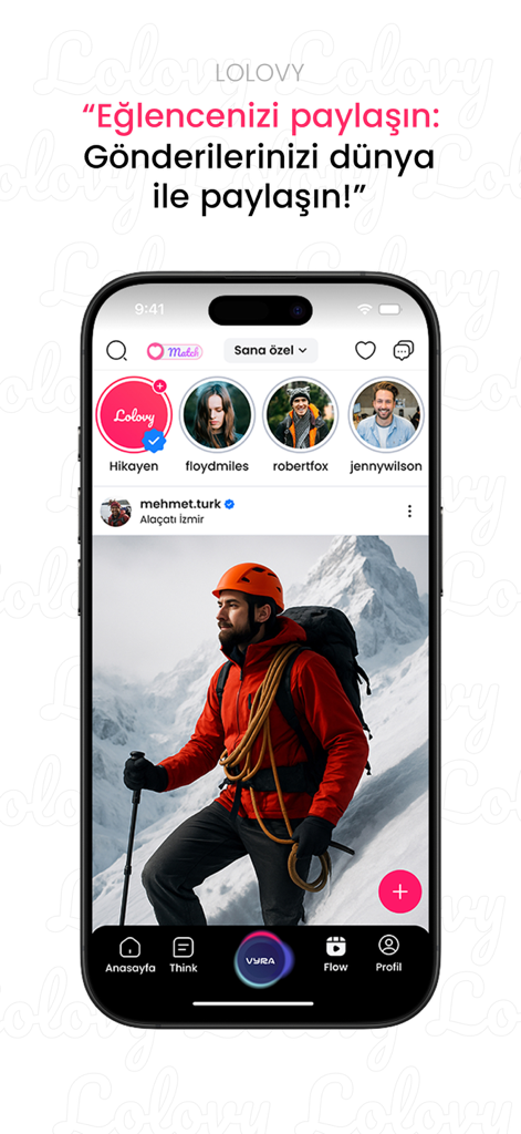 Lolovy - Mobile interface of the Lolovy app showing user stories and a shared hiking photo.