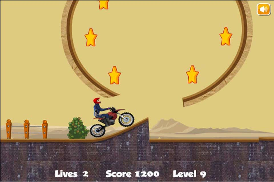 A 2D motorcycle rider approaching a loop with stars in Down Hill Crazy Moto Racing