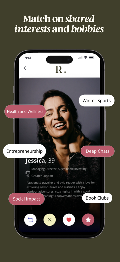 Reddi: The Matchmaking App - Un perfil de usuario en la app de citas Reddi mostrando intereses y pasatiempos compartidos como emprendimiento y bienestar.