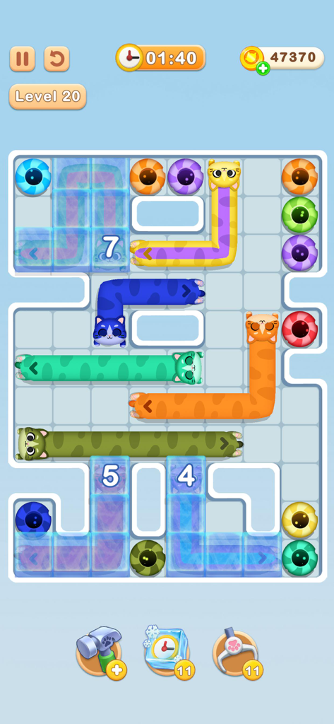 Cat me out - A level in the Cat me out puzzle game featuring colorful long cats on a grid and matching color goals