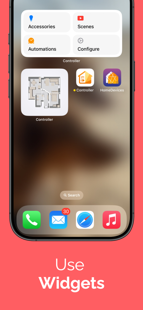 iPhone home screen featuring Controller for HomeKit widgets for smart home management and floor plan navigation