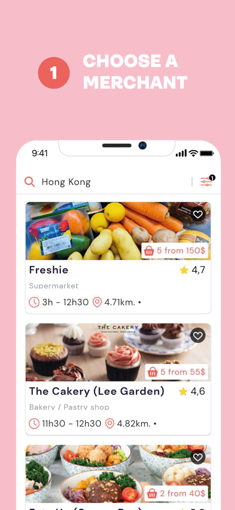 Interface of the Phenix app showing a list of local food merchants with discounted baskets including a supermarket and a bakery