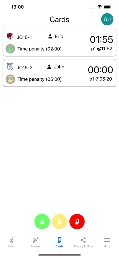 Whistle Time - Schermata dell'app Whistle Time che mostra la gestione dei cartellini dell'arbitro e i timer di penalità dei giocatori