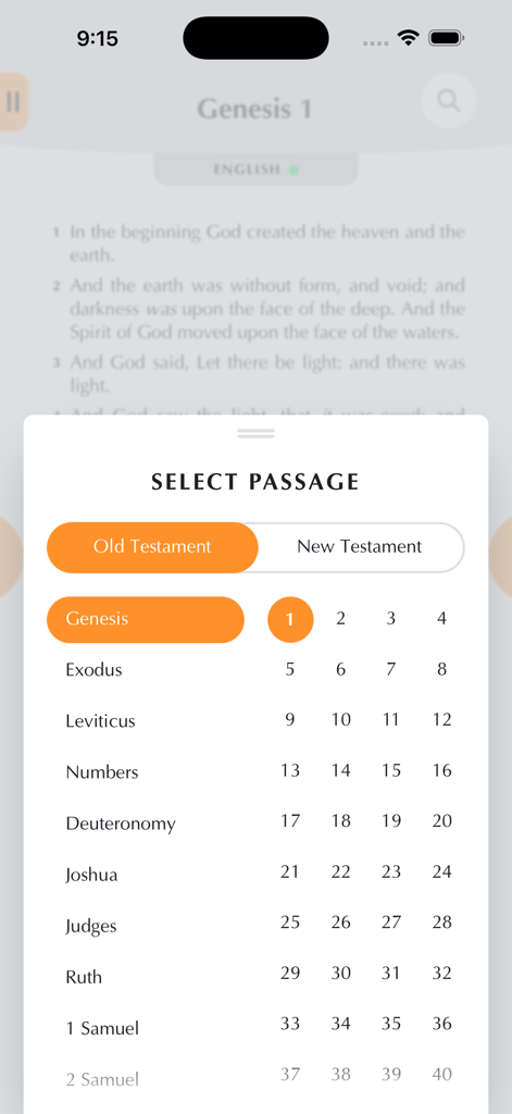 MyOwnBible - Interface of the MyOwnBible app showing the passage selection screen with Old Testament books and chapters.
