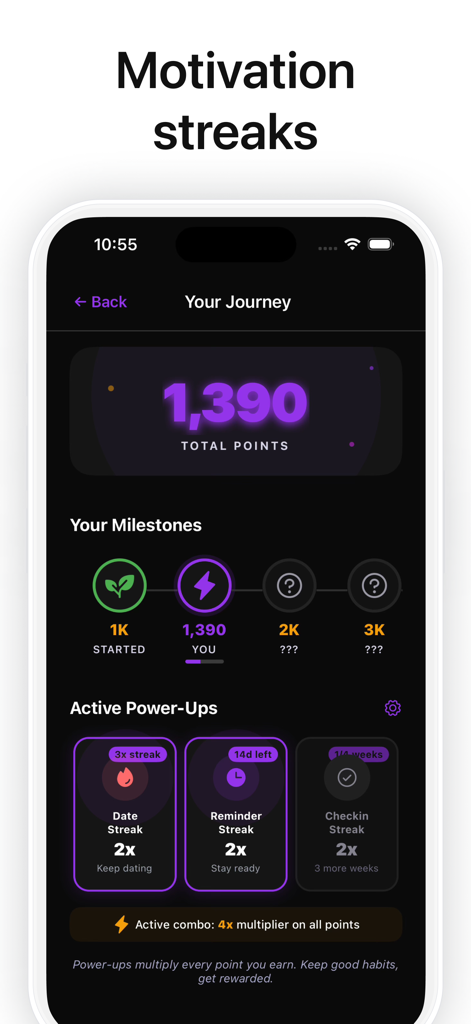 Hudson Relationship Assistant - Hudson app screen showing relationship motivation streaks and points milestones