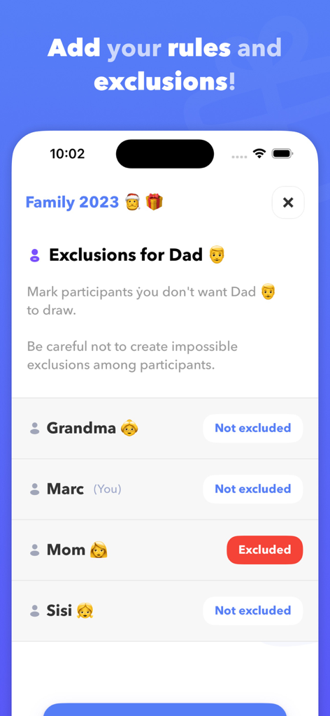 가족 구성원을 위한 선물 교환 제외 규칙을 보여주는 Secret Santa 앱 인터페이스