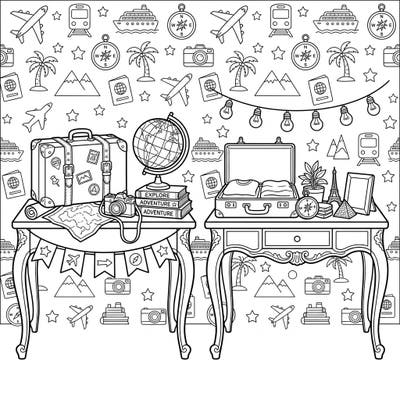 Dream of your next getaway with this intricate coloring page featuring console tables packed with vacation essentials. Explore the joy of travel and relaxation through art, perfect for an imaginative escape.