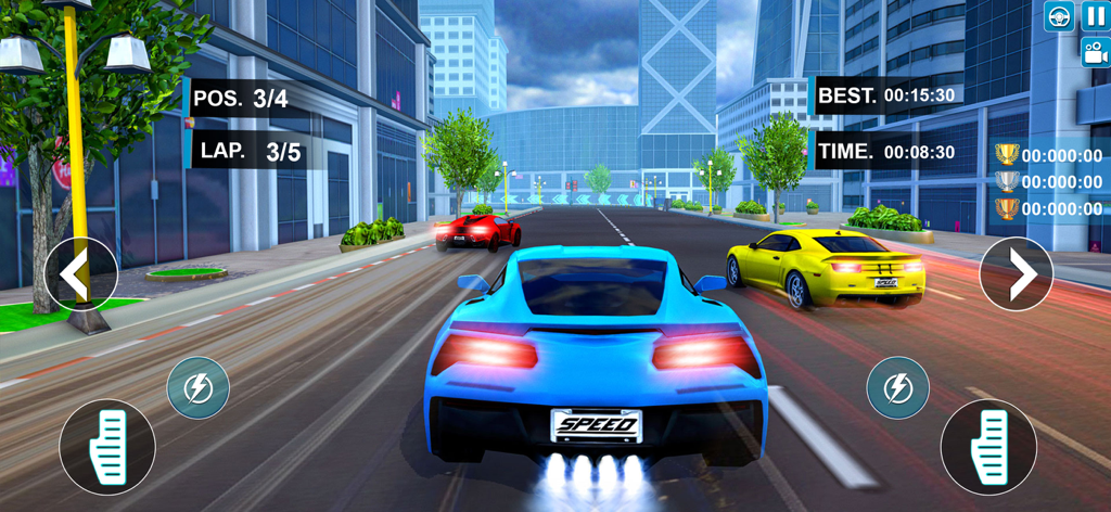 Race Master 3D - Car Game - Carro esportivo azul correndo pelas ruas da cidade no jogo mobile Race Master 3D
