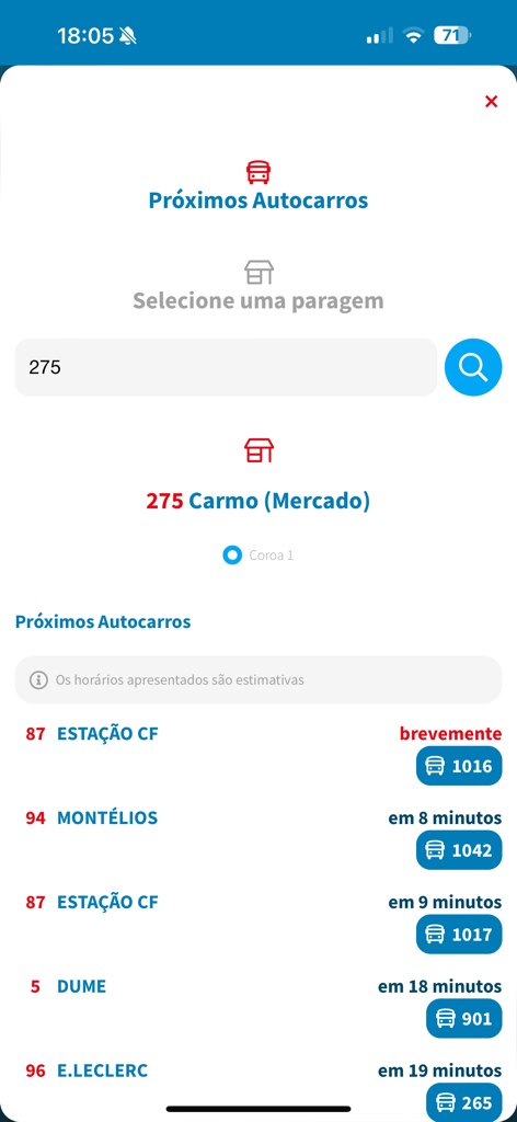 TUB App - Horaires d'arrivée des bus en temps réel pour l'arrêt Carmo Mercado sur l'application mobile TUB