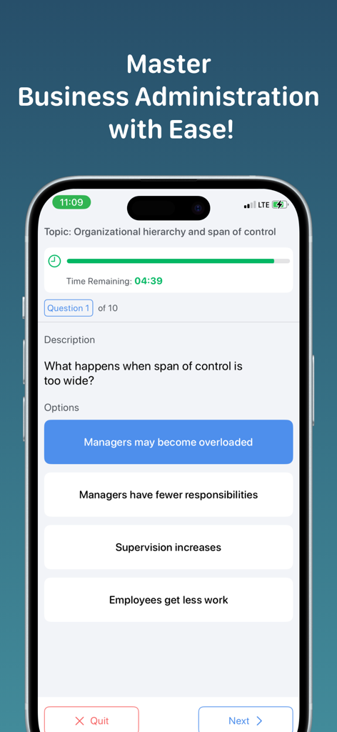 Business Administration - A mobile quiz screen about organizational hierarchy within the Business Administration app