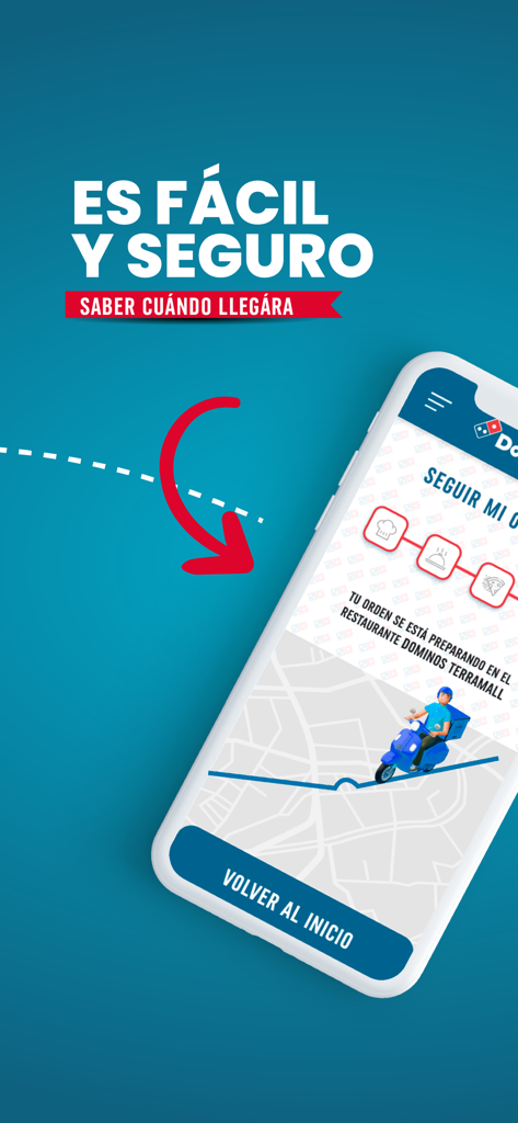 Domino's Pizza El Salvador - Mobile screen of Dominos Pizza El Salvador app displaying real-time delivery tracking with a map and scooter icon.