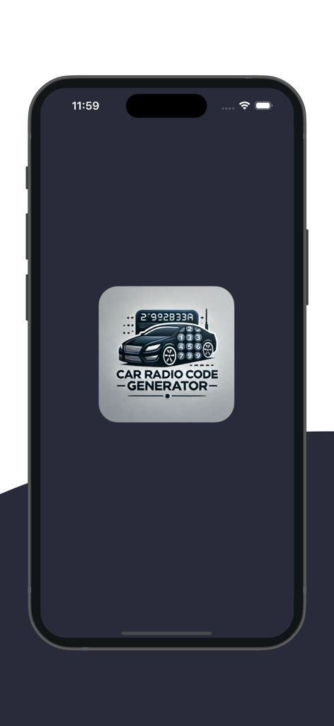 Car Radio Code Generator - Splash screen of the Car Radio Code Generator app displayed on an iPhone showing the app logo with a car and keypad icon.