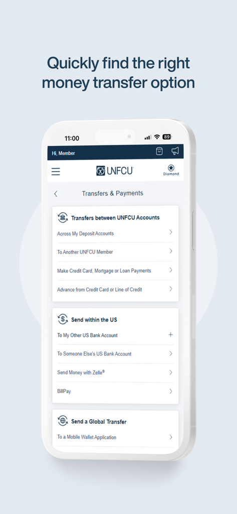 UNFCU mobile app screen showing options for transfers between accounts within the US and global transfers