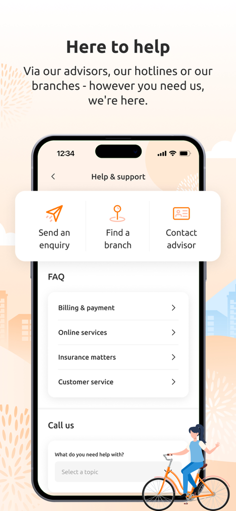 The help and support screen of the My Income insurance app showing options to contact an advisor and browse FAQ categories.