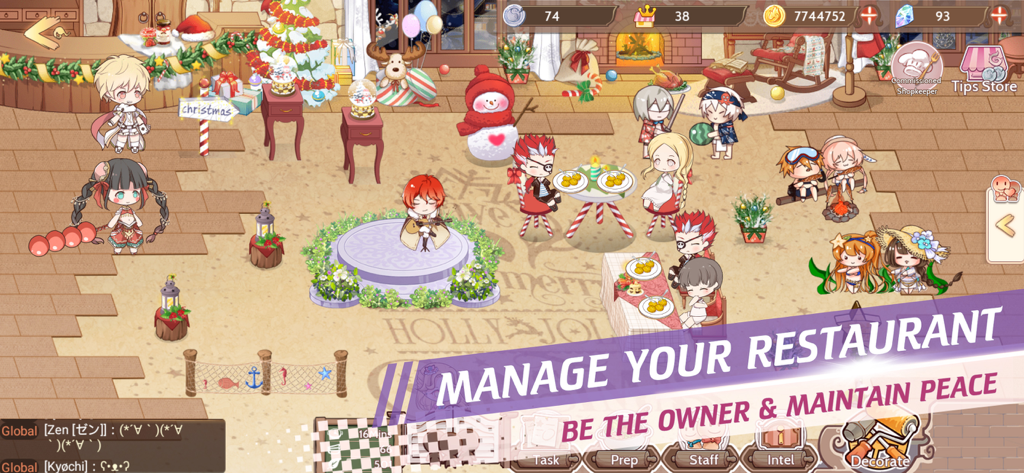 Food Fantasy - Screenshot des Restaurantmanagement-Bildschirms in Food Fantasy mit Chibi-Charakteren und festlichen Winterdekorationen