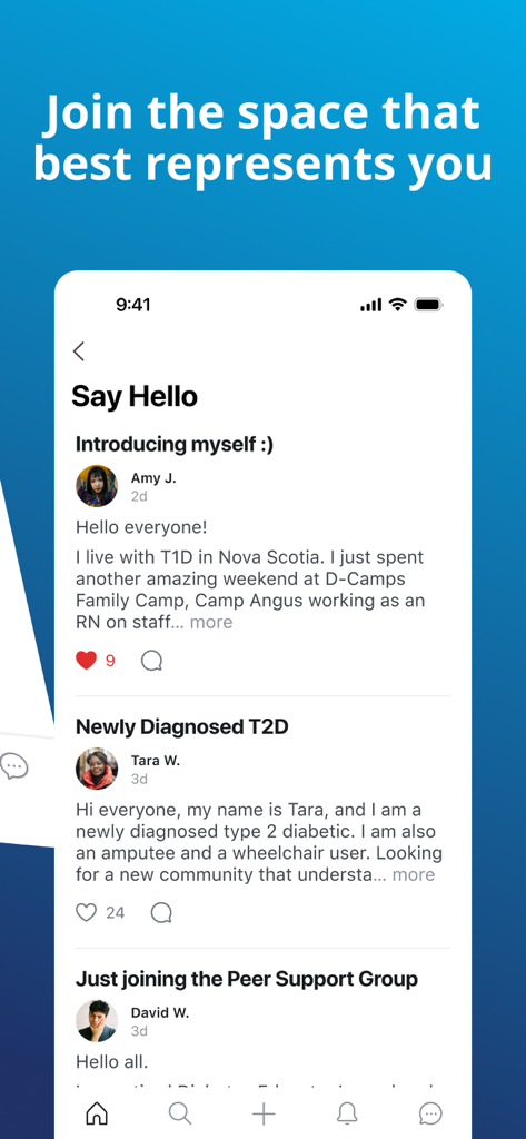 Mobile screen of the Diabetes Canada Connect app showing a peer support community forum with member introductions and stories