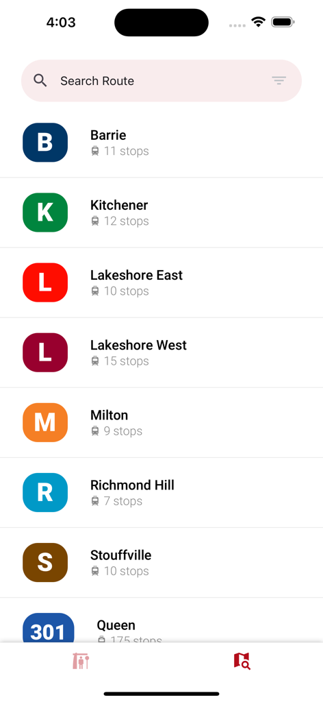 Toronto Transit (TTC, GTA, GO) - バリエーとキッチナーのようなGOトレインラインを含む、グレータートロントエリアの交通ルートのリストを示すモバイルアプリ画面