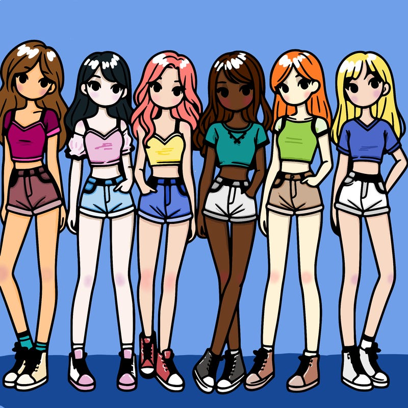 a group of girls wearing crop tops and shorts