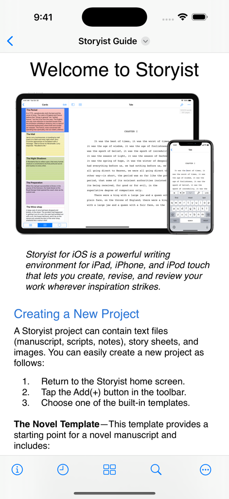 Storyist 4 - Storyist 4 welcome screen showing a manuscript on iPad and iPhone devices