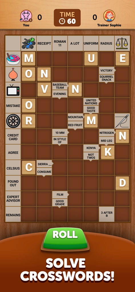 Gameplay of Arrow Crosswords showing a crossword board with pictorial and text clues against a virtual trainer.