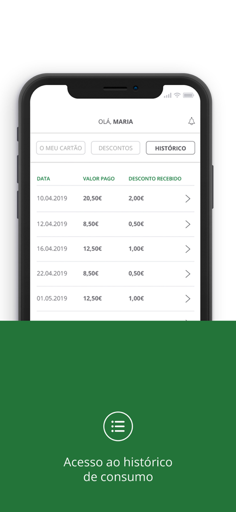 Vitaminas - Ecrã do histórico de recompensas de fidelidade na app Vitaminas mostrando detalhes de transações e descontos