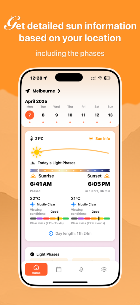 Sunix app interface showing detailed sunrise and sunset times with light phases and viewing quality forecasts
