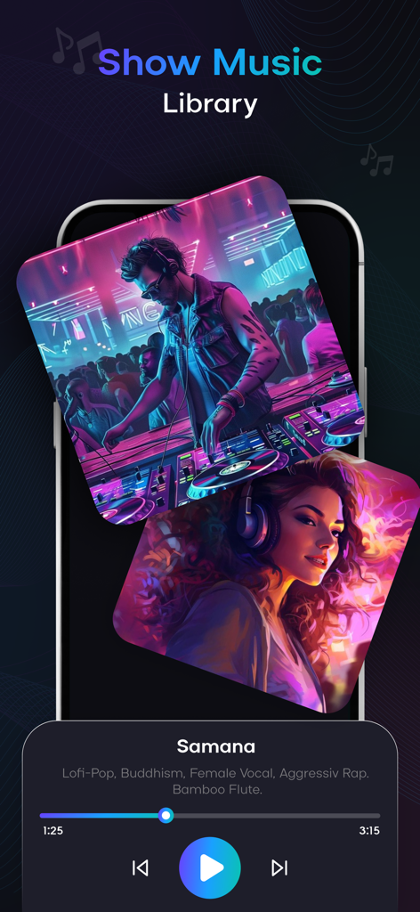 Tela da biblioteca de música do aplicativo Ai Sound mostrando músicas geradas e controles de reprodução