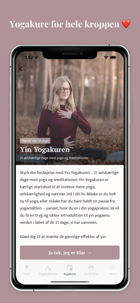 Cathrine Yoga - Interface of the Cathrine Yoga app showing a 21-day Yin Yoga course program with a woman meditating in a forest.