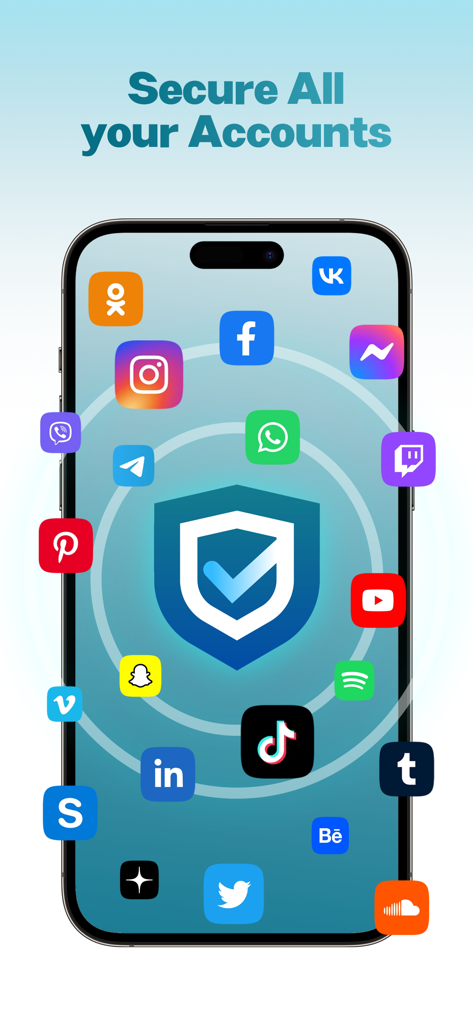 Smartphone-Bildschirm, der ein Sicherheitsschild zeigt, umgeben von Social-Media-App-Symbolen mit dem Text 'Sichern Sie alle Ihre Konten'.
