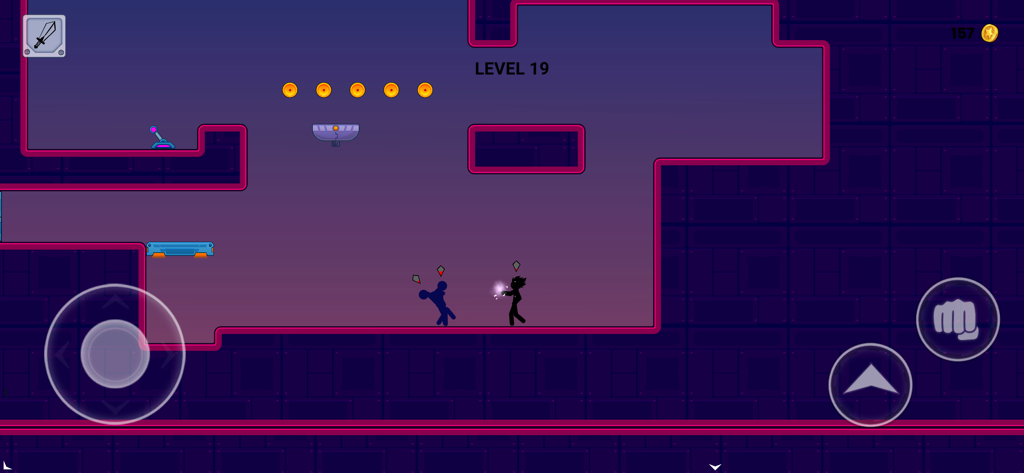 Anger of Stickman - Stickman Henry fighting an enemy in a purple neon level with on screen controls