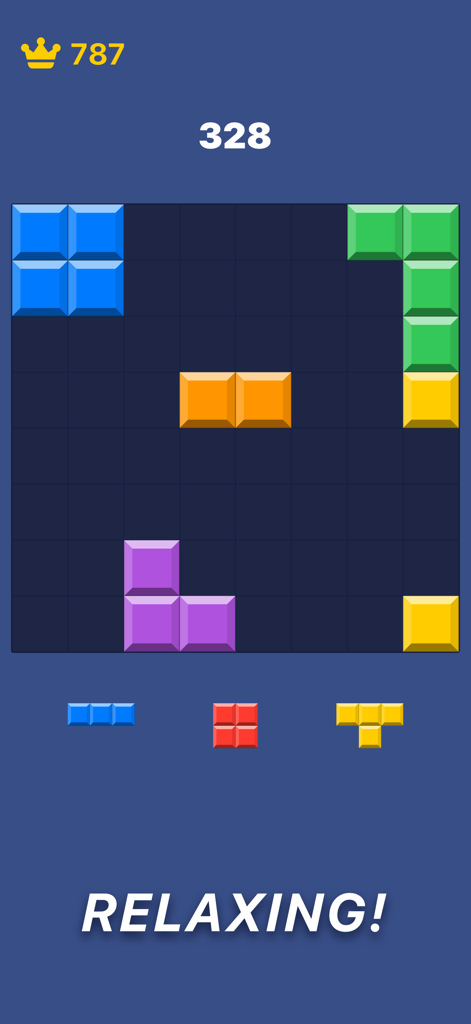 A screenshot of the Block Blast Forever game board with colorful blocks and the word Relaxing displayed at the bottom