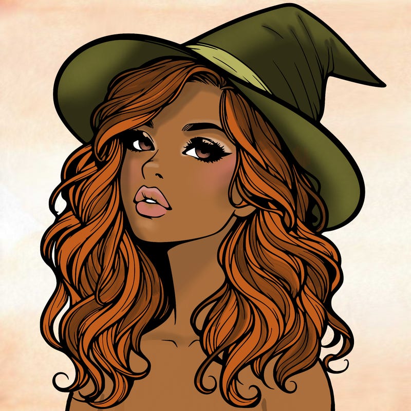 realistic witch girl with wavy hair and lips
