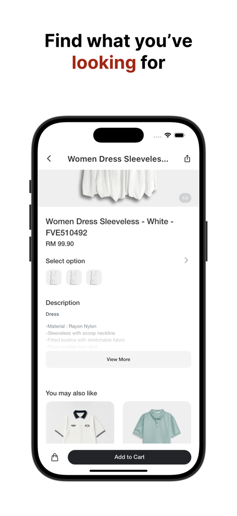 HI STYLE - Screenshot of the HI STYLE mobile app showing a product detail page for a white sleeveless dress with price and add to cart button.