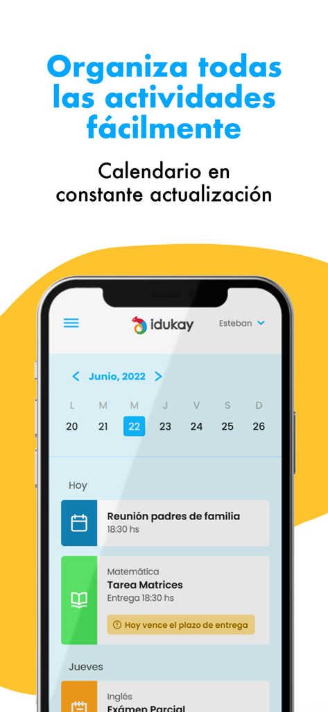 Idukay Familias mobile app displaying a school calendar with homework assignments and parent meetings.