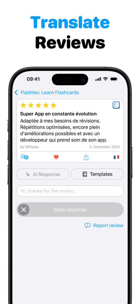 App Reviews & Ratings - Astra - Interfaz de la aplicación Astra mostrando una traducción de reseña con opciones de respuestas de IA y plantillas