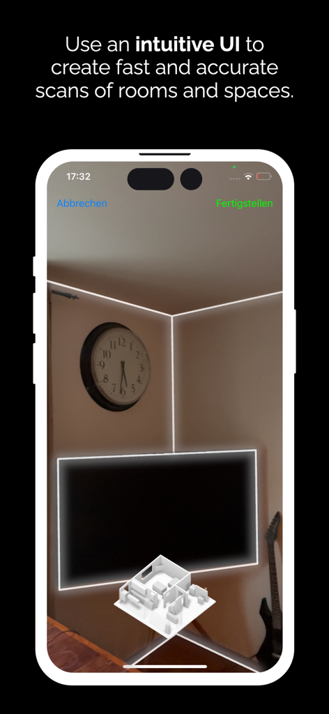 Smartphone screen showing an augmented reality room scan using LiDAR technology to create a 3D floor plan