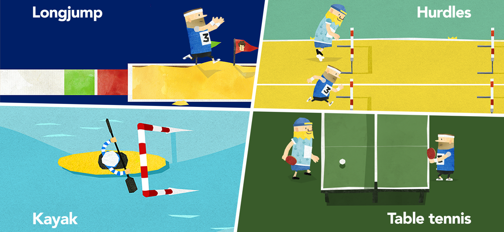 Fiete Sports Fun Minigames 4+ - Collage of four minigames showing long jump hurdles kayak and table tennis with character Fiete