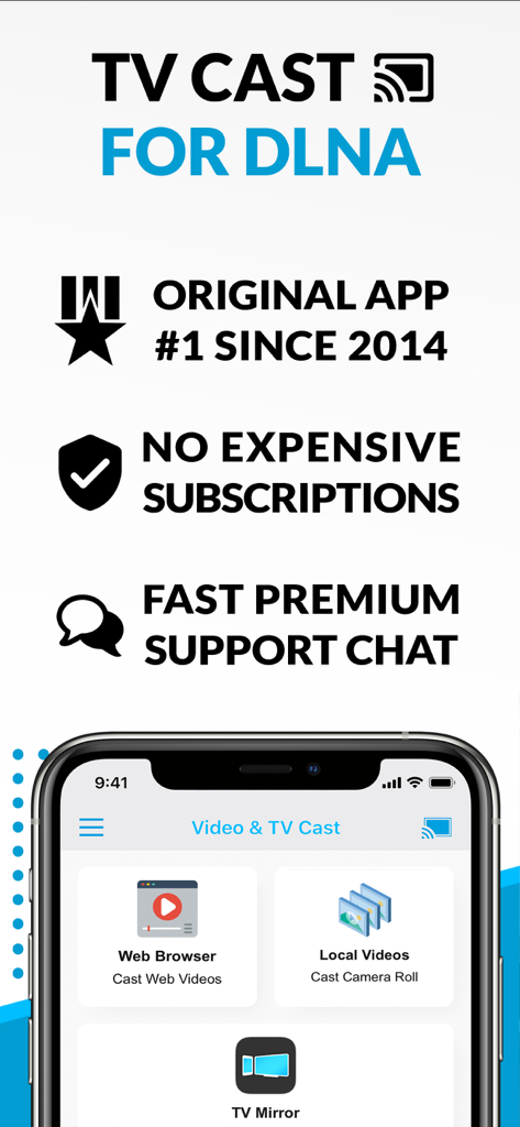 iPhone screen showing TV Cast Pro for DLNA with web browser and local video casting features