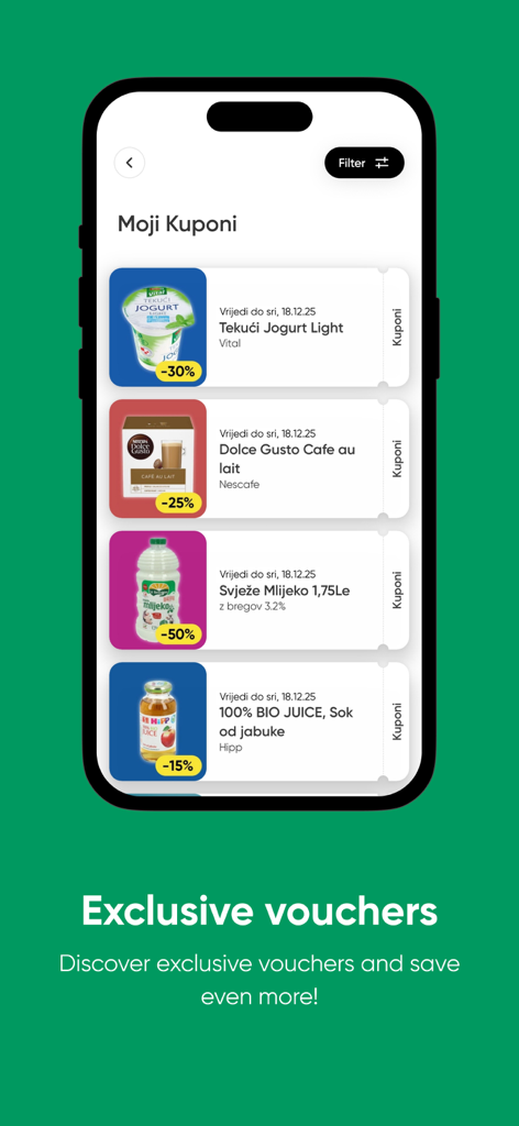 SPAR Croatia - Die Benutzeroberfläche der SPAR Kroatien Mobile App zeigt eine Liste digitaler Coupons und exklusiver Gutscheine für Lebensmittel an.